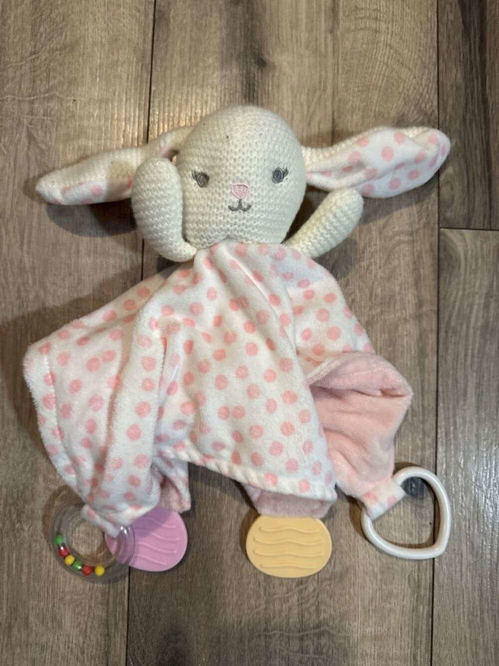 Modern Baby Pink Polka Dot Lovey Blanket With Teething Rings & Bunny Plush Toy